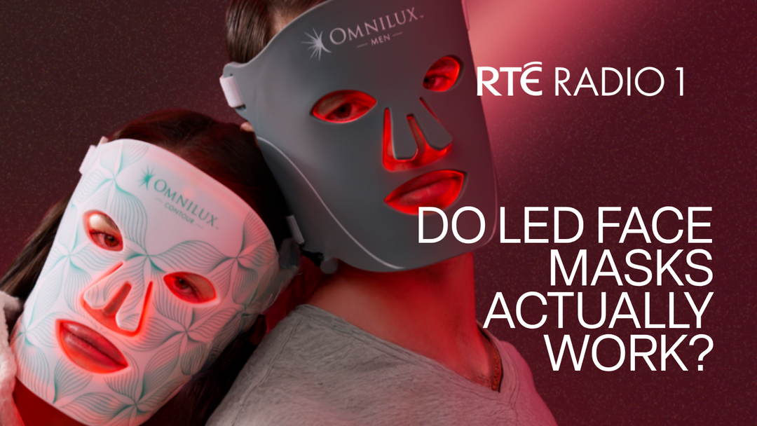 LED face mask device on a clean white surface, clinical skincare editorial image