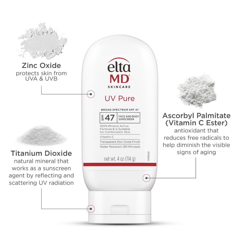 Eltamd UV Pure sunscreen bottle with labeled ingredients on a white background