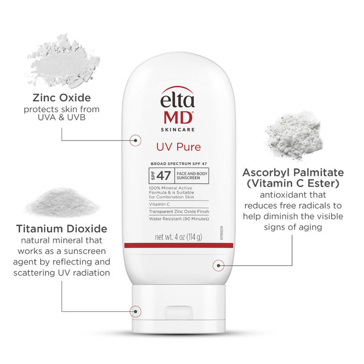 Eltamd UV Pure sunscreen bottle with labeled ingredients on a white background