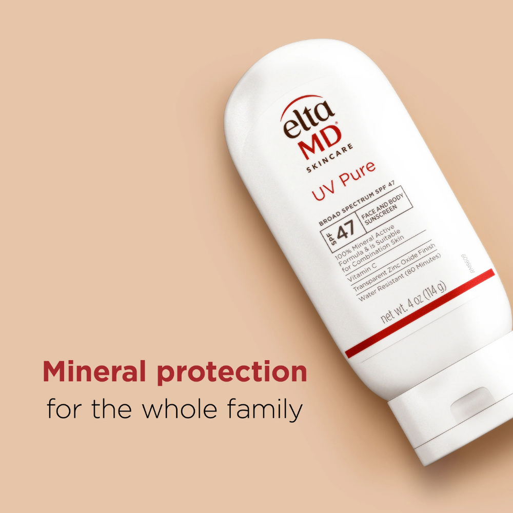 Elta MD UV Pure sunscreen tube on a beige background with text about mineral protection.