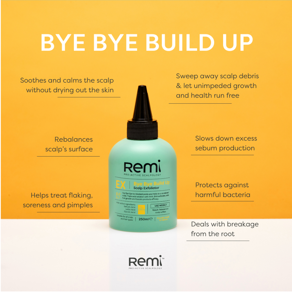 Remi scalp exfoliant bottle with product benefits on a yellow background