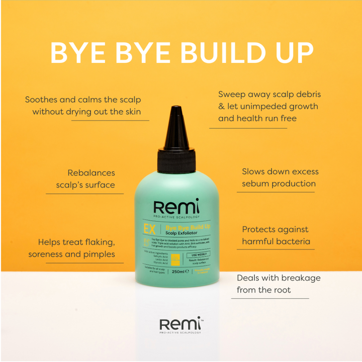 Remi scalp exfoliant bottle with product benefits on a yellow background