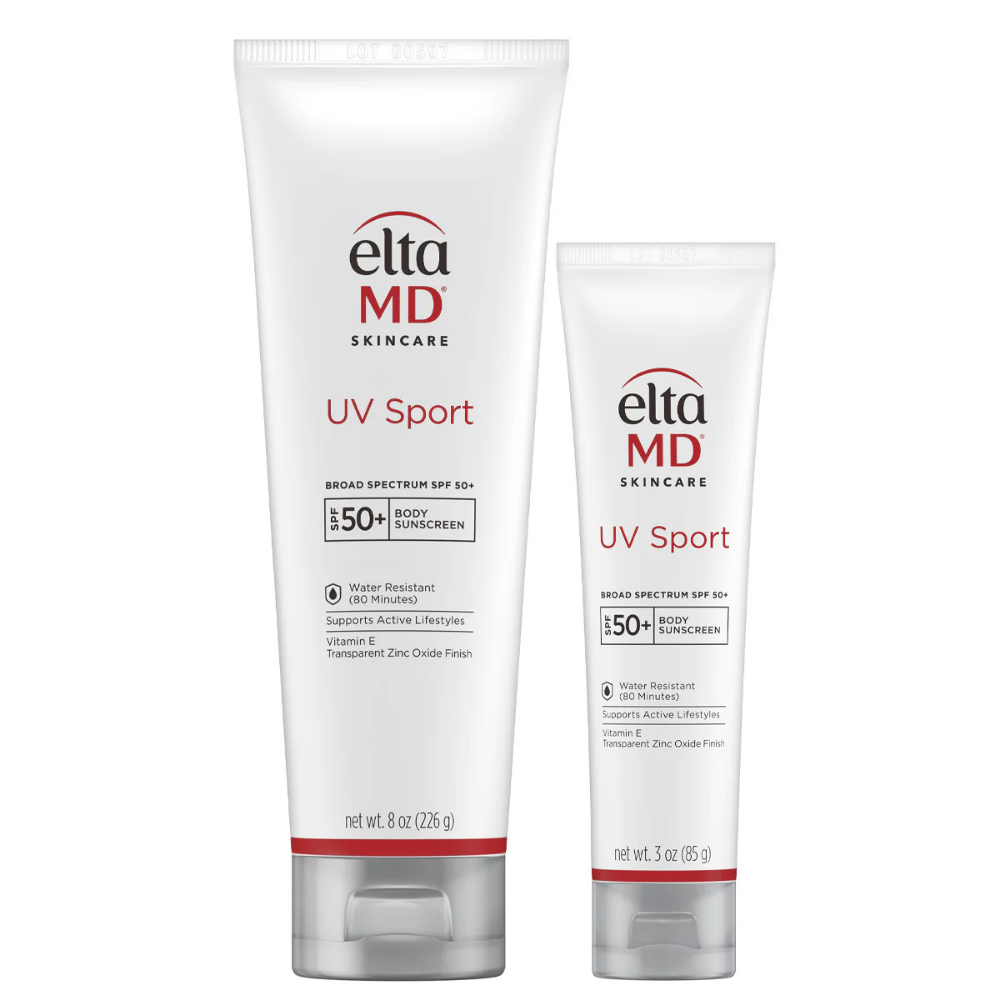 Two bottles of Elta MD UV Sport sunscreen on a white background