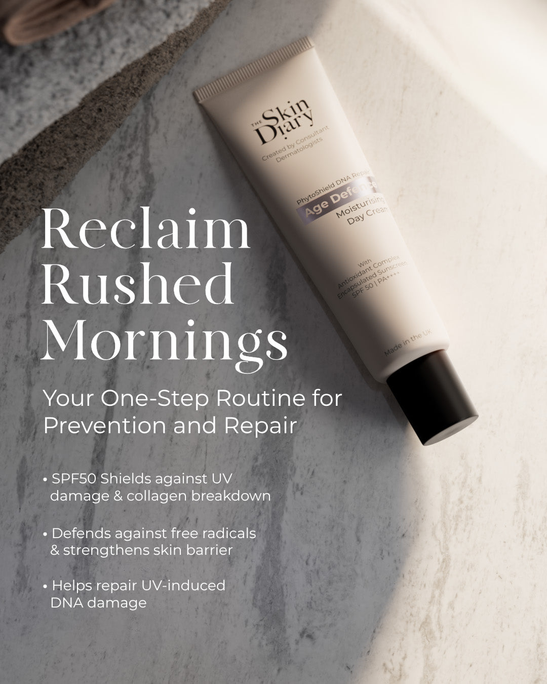 Skincare tube with text on a textured surface