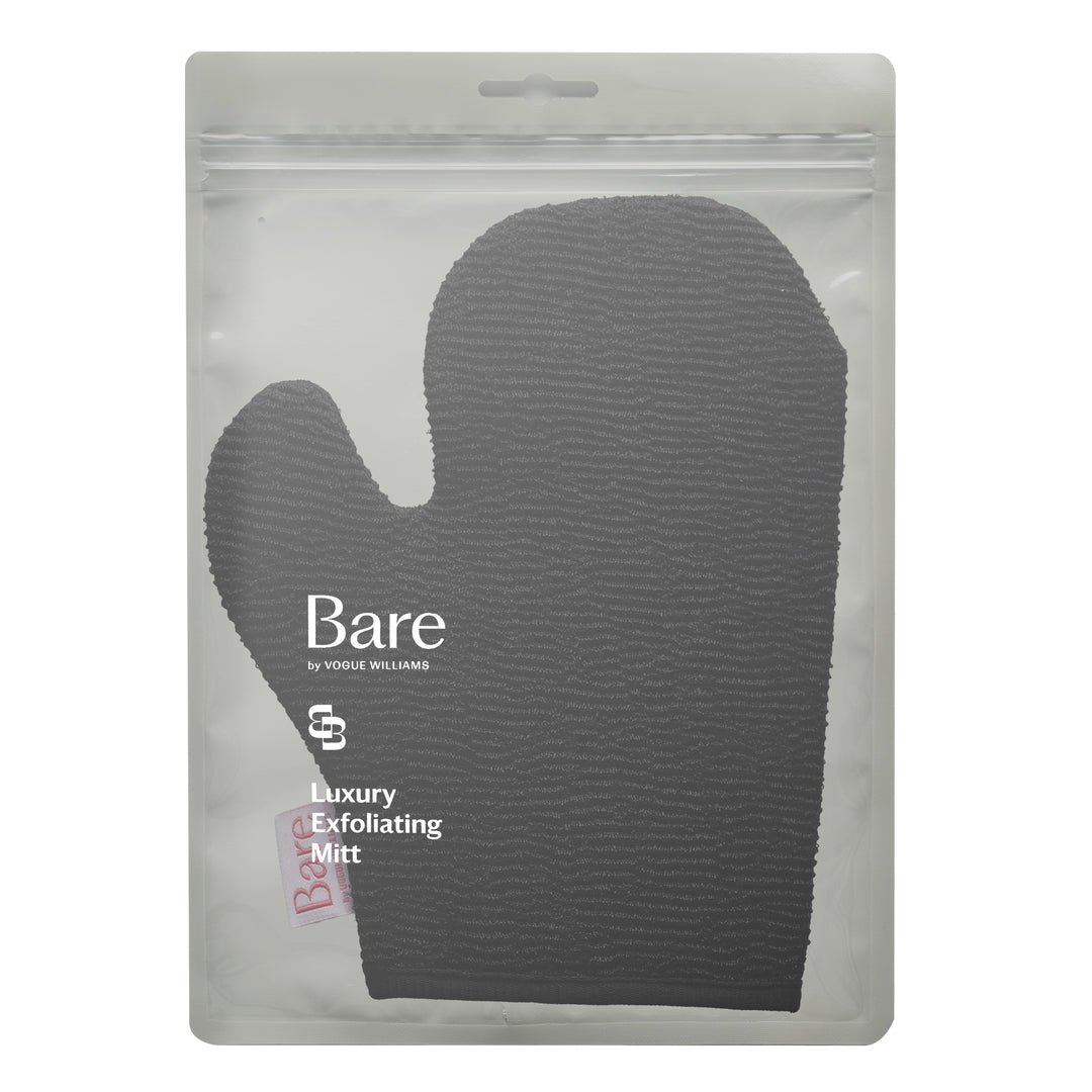 Gray exfoliating mitt in packaging with 'Bare' branding on a white background