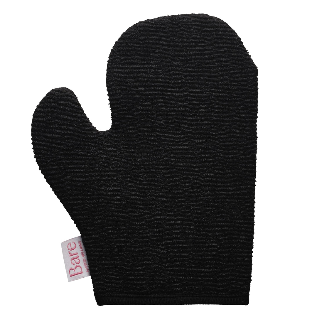 Black exfoliating glove with a Bare label on a white background
