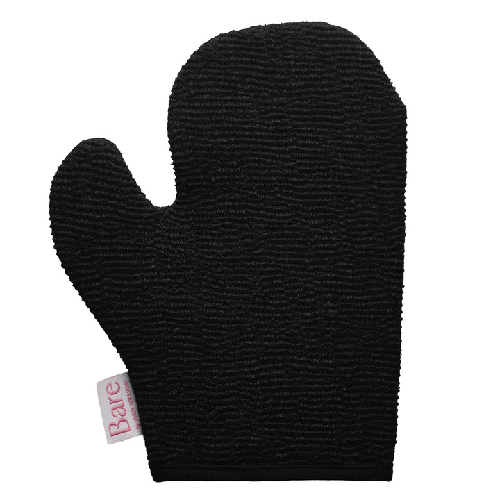 Black exfoliating glove with a Bare label on a white background