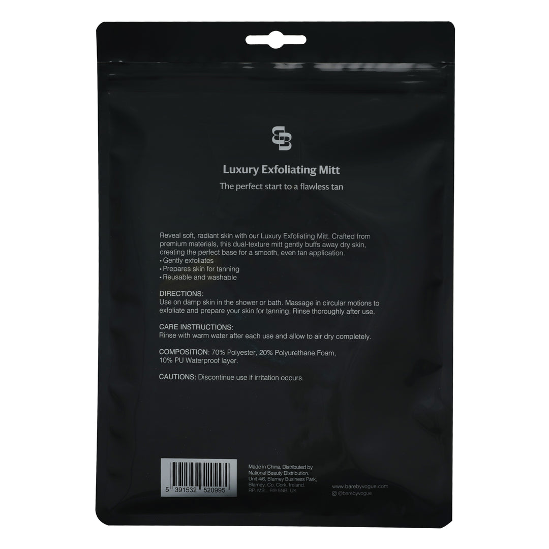 bare by Vogue Black packaging of a luxury exfoliating mitt with text and branding.
