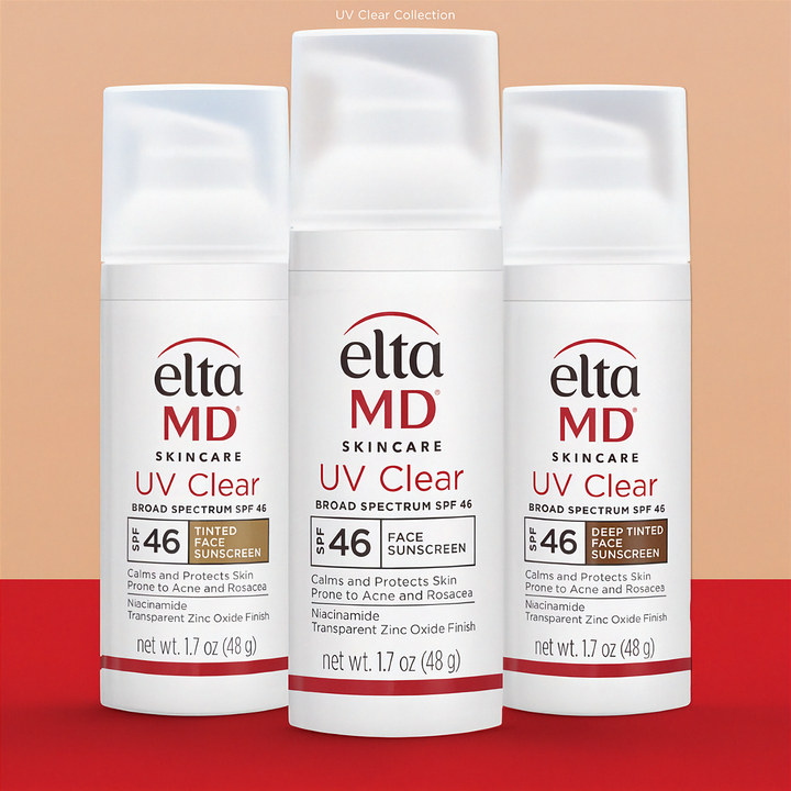 Three bottles of Elta MD UV Clear sunscreen on a beige and red background