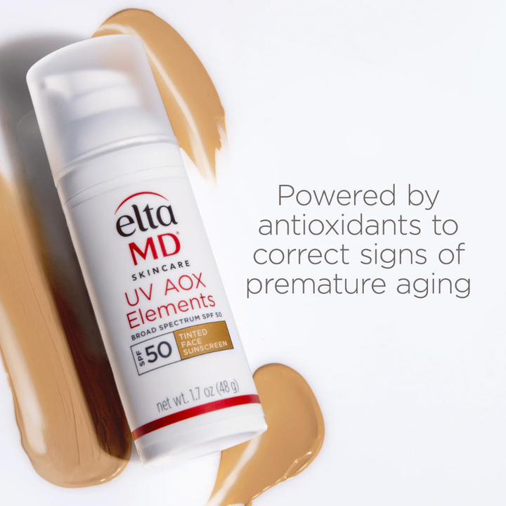 Eltma MD skincare product with text about antioxidants and premature aging correction on a white background.