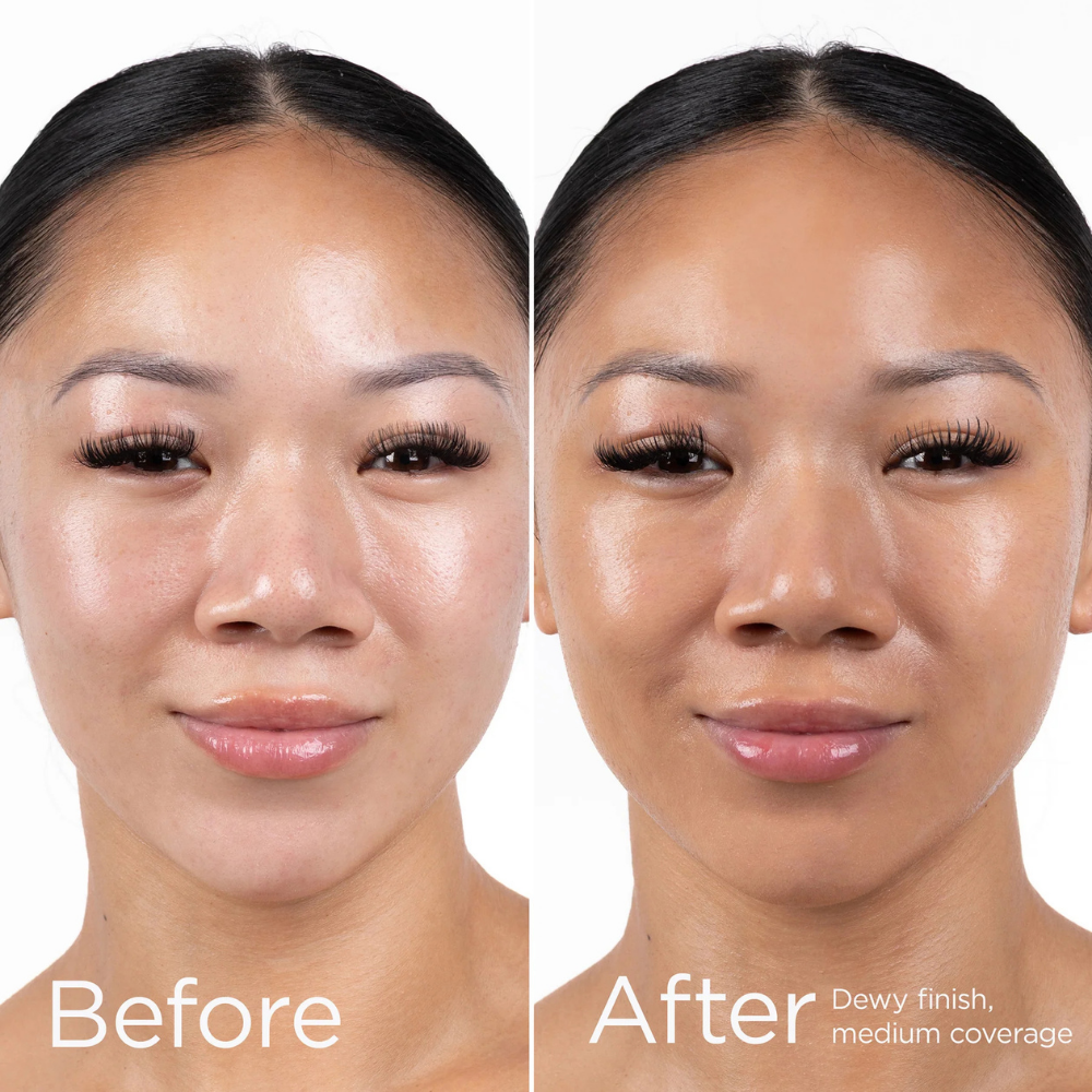 Before and after comparison of a woman's face with makeup application.
