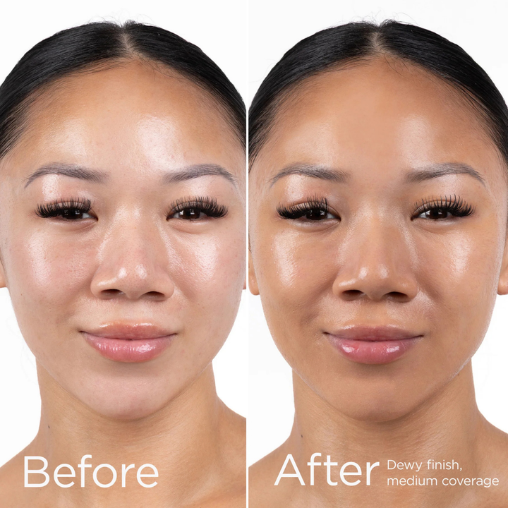 Before and after comparison of a woman's face with makeup application.