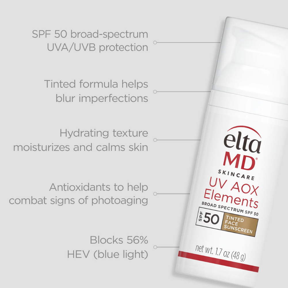 Eltamd UV AOX Elements sunscreen with features listed on a gray background