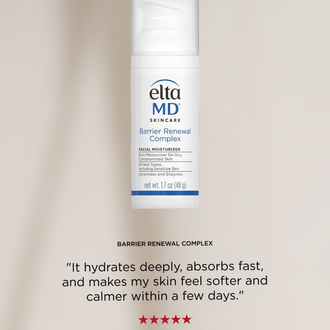 Elta MD Skincare Barrier Renewal Complex facial moisturizer in a white pump bottle, centered on a warm beige background with product text and a customer review below.