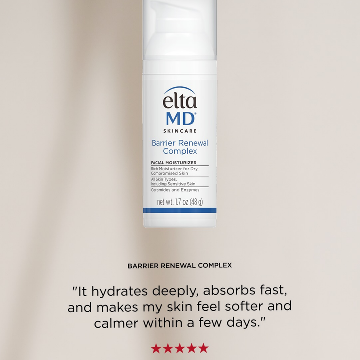 Elta MD Skincare Barrier Renewal Complex facial moisturizer in a white pump bottle, centered on a warm beige background with product text and a customer review below.