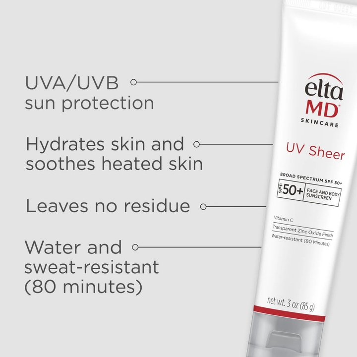 Eltma MD UV Sheer sunscreen bottle with product features on a white background