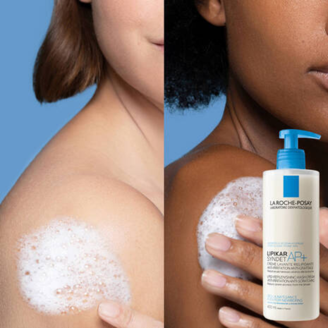 La Roche-Posay Lipcar Lip Treatment AP+ foam cleanser bottle shown beside a split-screen demonstration of a woman's shoulder with white cleansing foam on the left and a close-up of the bottle being held over the shoulder on the right.