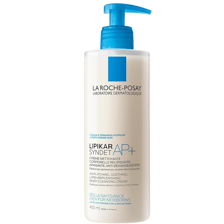 A 400 ml bottle of La Roche-Posay Lipikar Syndet AP+ Anti-Pigmenting Cleansing Cream for newborns, featuring a white bottle with a bright blue pump dispenser and blue accents on the label.