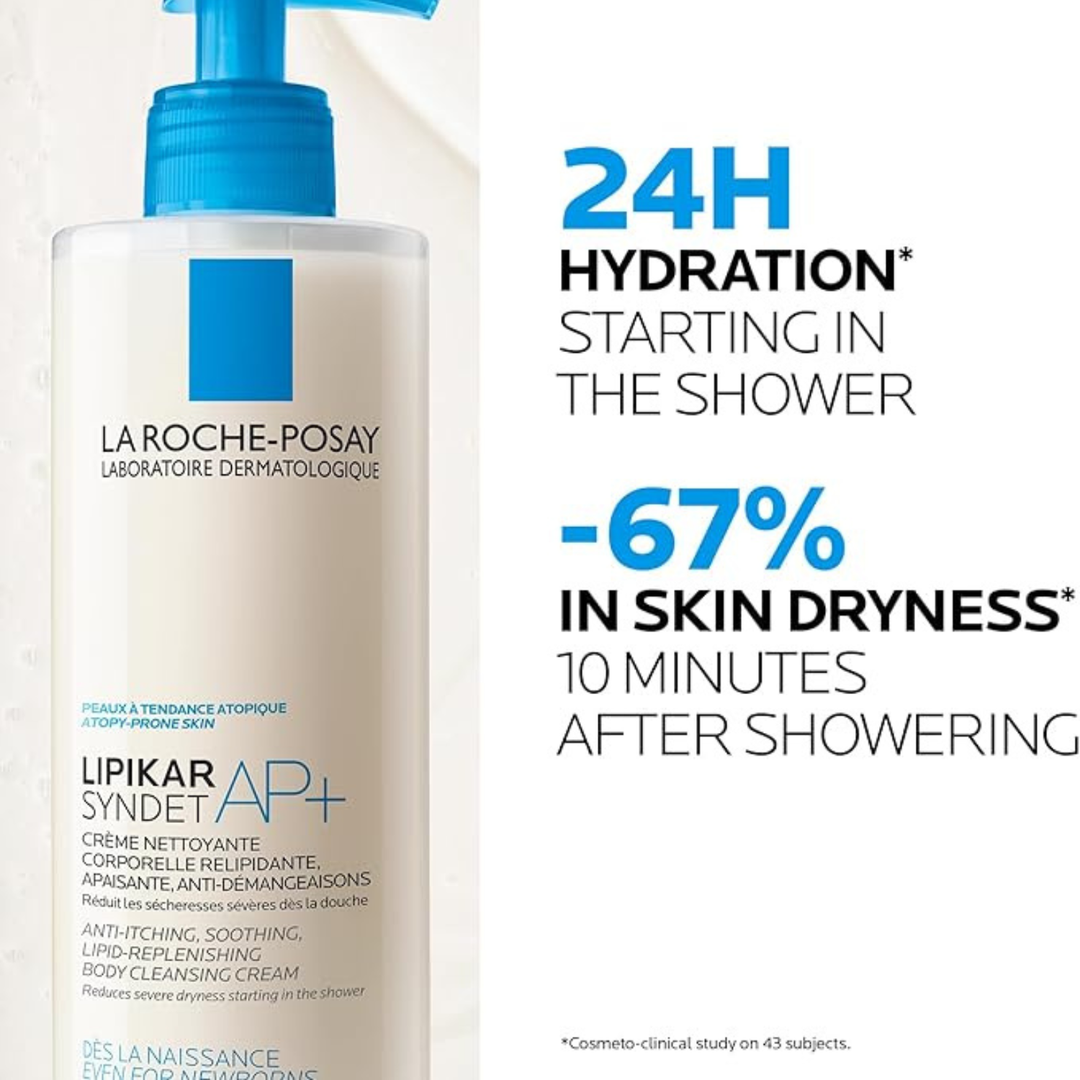 La Roche-Posay Lipikar Syndet AP+ body cleansing cream bottle with a blue pump, shown next to promotional text highlighting 24-hour hydration and reduced skin dryness after showering.