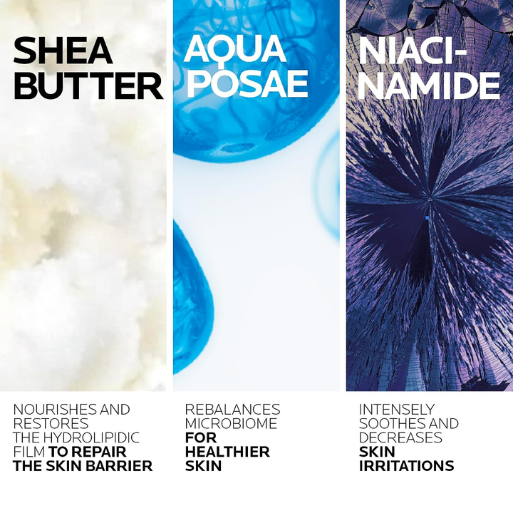 Three vertical panels with shea butter, aqua posae, and niaci-namide text and images on a white background.