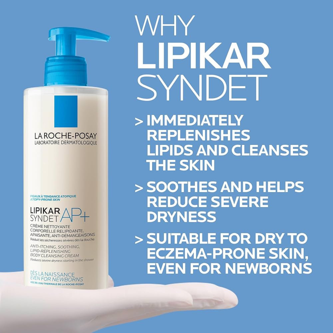 La Roche-Posay Lipikar Syndet cream with text on a blue background