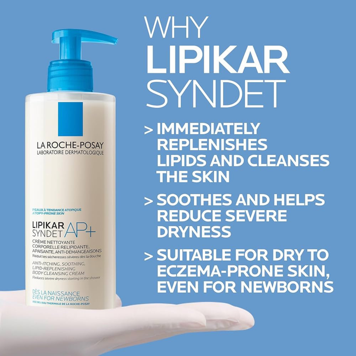 La Roche-Posay Lipikar Syndet cream with text on a blue background