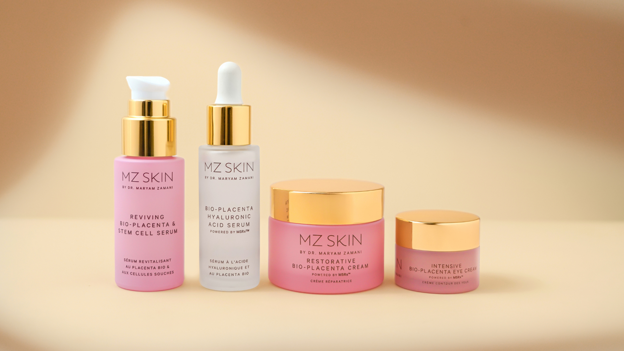 Set of MZ Skin skincare products on a beige background