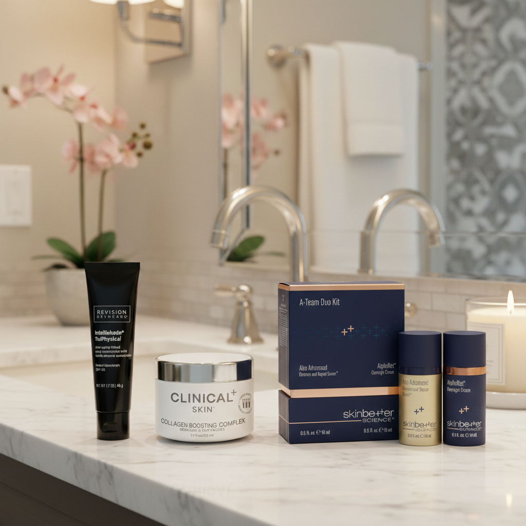 Skincare products on a bathroom counter with a mirror and decorative elements in the background.