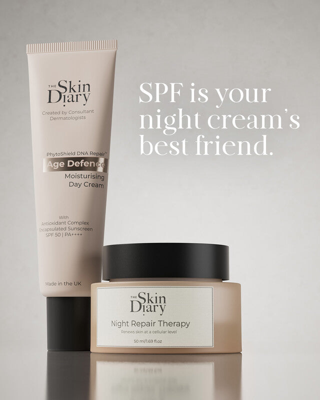 Two skincare products from 'The Skin Diary' with text about SPF on a gray background.