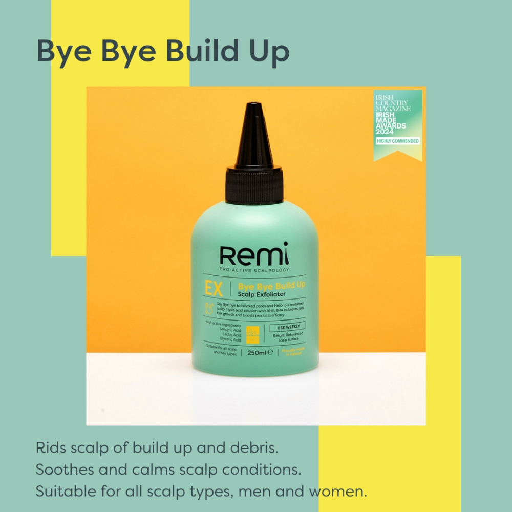 Remi EX scalp exfoliator bottle on a colorful geometric background