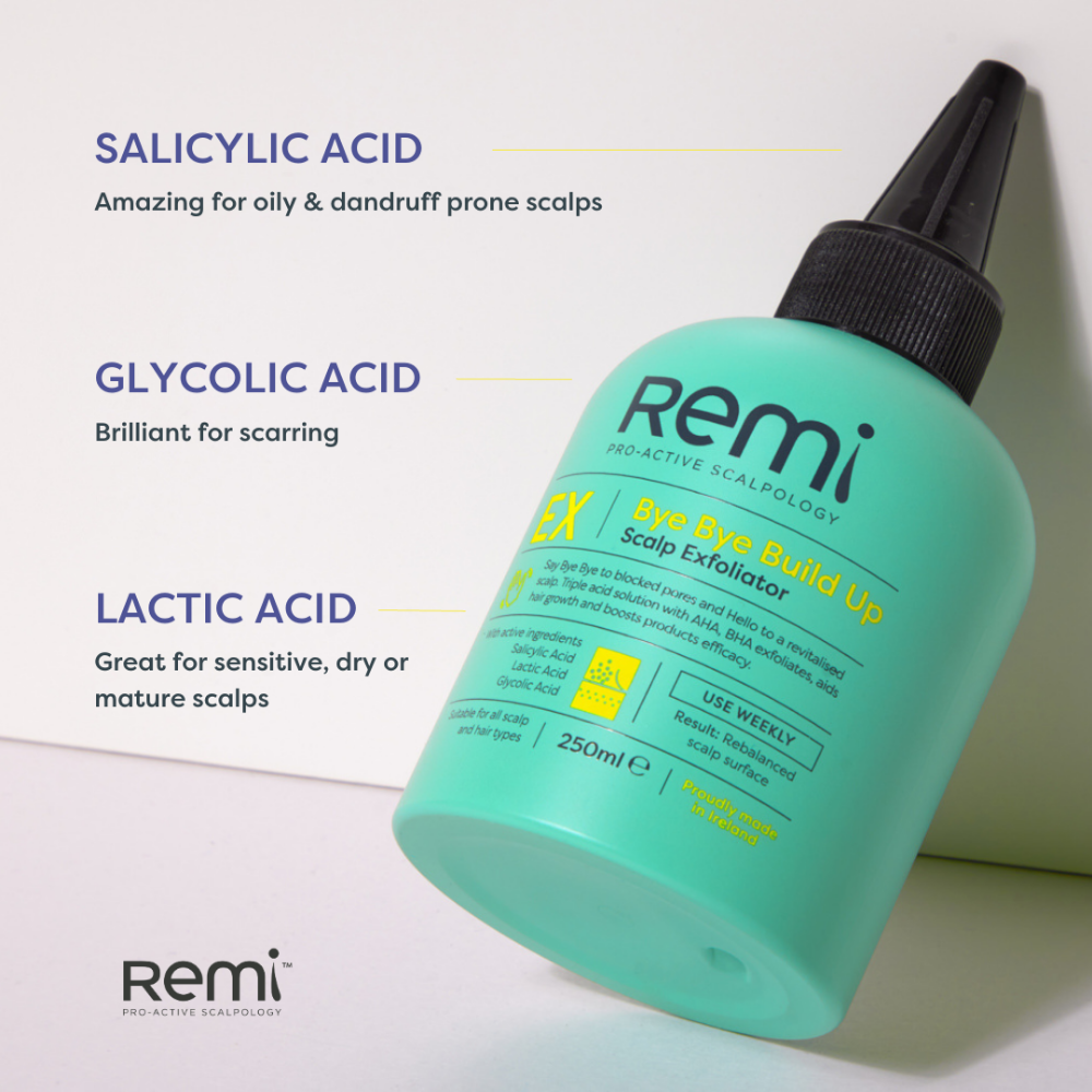 Green bottle of Remi scalp exfoliator with text about acids on a white background