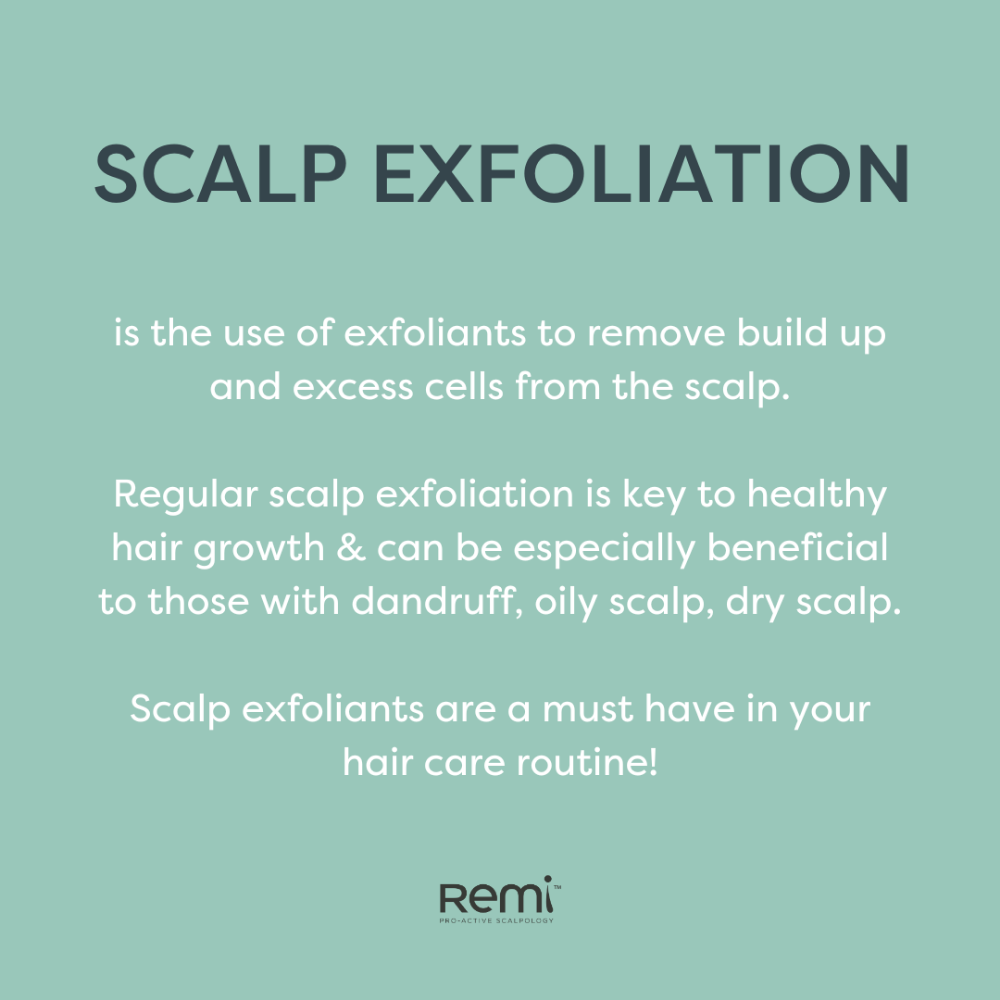 Text explaining scalp exfoliation with Remi logo on a light green background