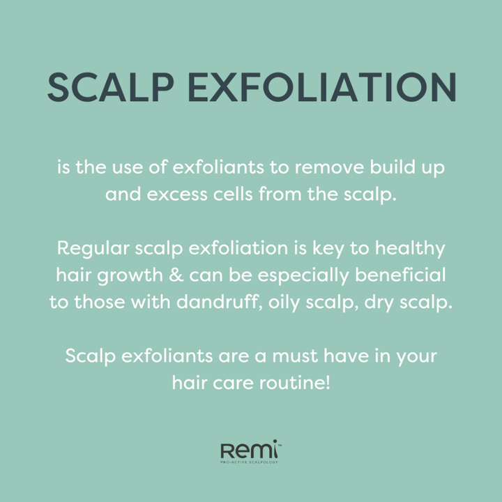 Text explaining scalp exfoliation with Remi logo on a light green background