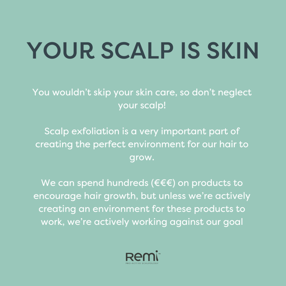 Promotional message about scalp care and exfoliation on a light green background with Remi logo.