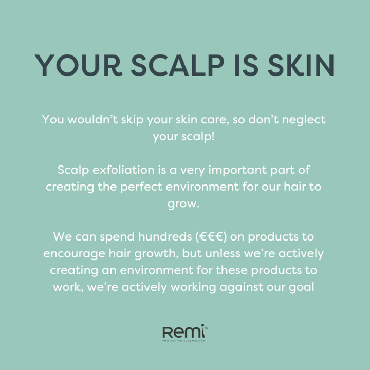 Promotional message about scalp care and exfoliation on a light green background with Remi logo.