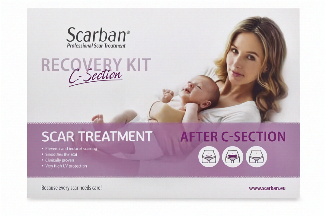 Scarban Recovery Kit C-Section scar treatment packaging, featuring a photo of a mother holding her baby on the front with purple and white text blocks.