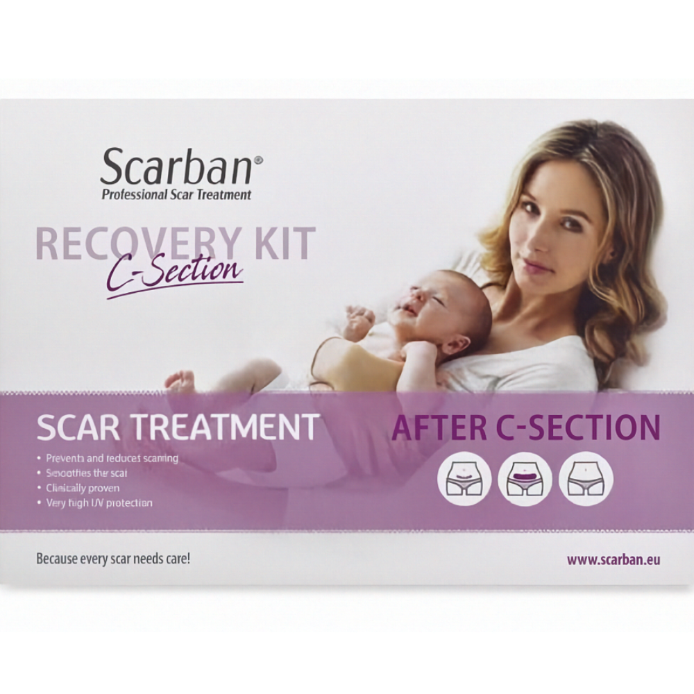 Scarban Recovery Kit C-Section scar treatment packaging, featuring a white and purple box with an image of a mother holding a baby.