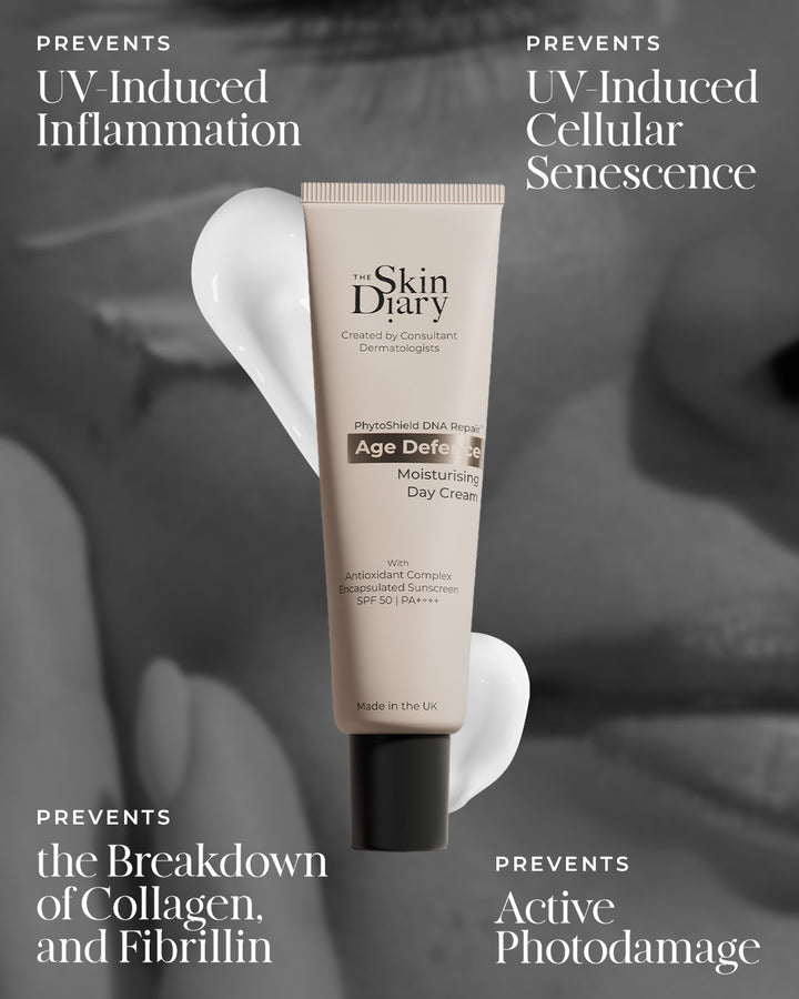 Skincare cream tube with text about UV protection on a blurred background