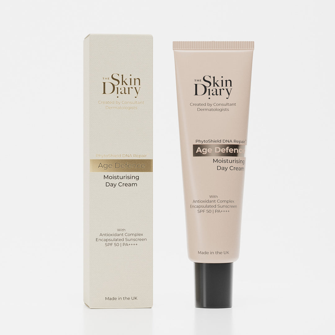 The Skin Diary Age Defend Moisturising Day Cream with packaging on a white background