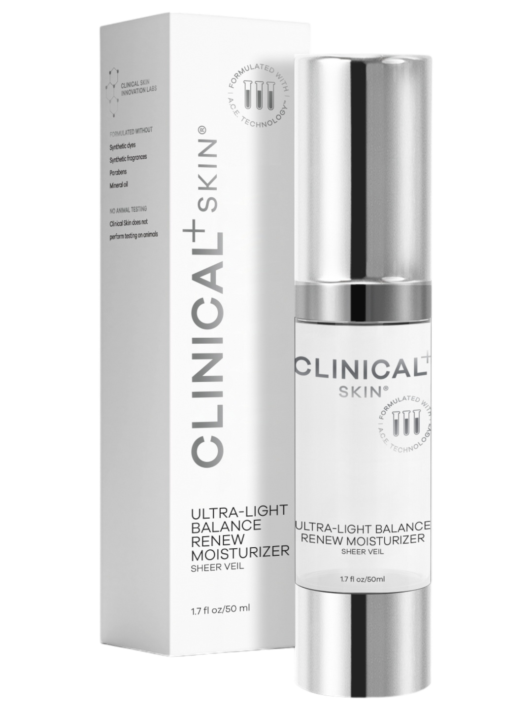 Clinical Skin moisturizer bottle and packaging on a white background