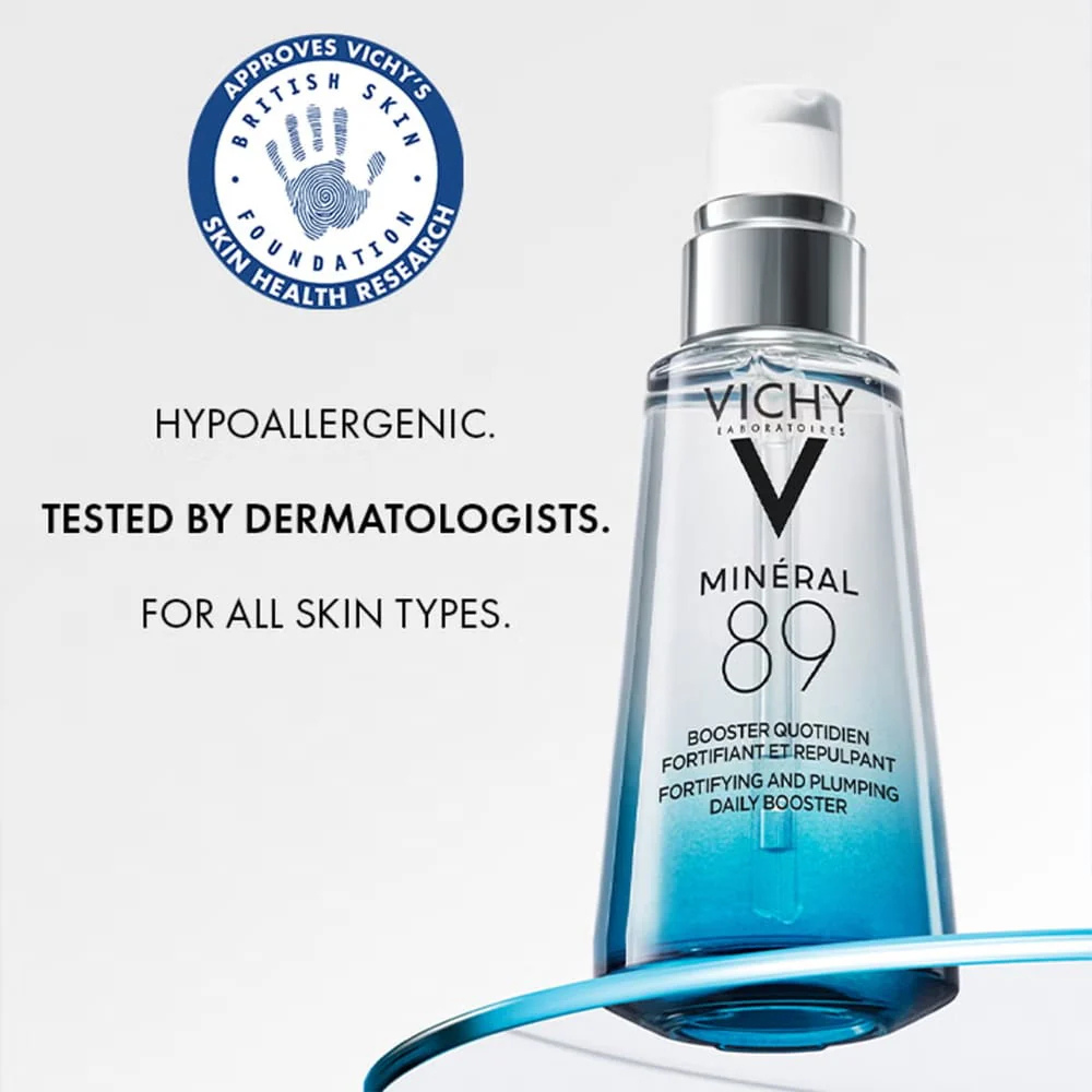 Vichy Mineral 89 skincare bottle with branding and product details on a light gray background