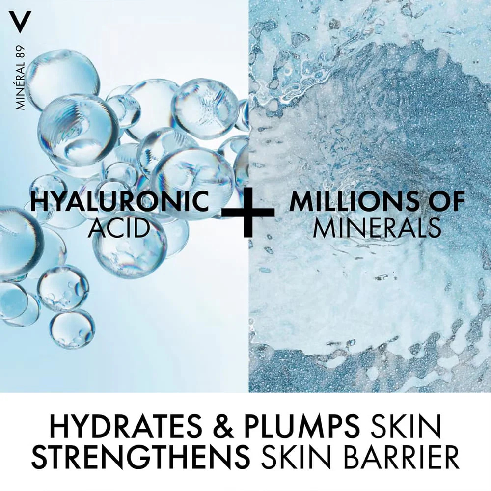 Advertisement for skincare product with hyaluronic acid and minerals, showing water droplets and text.