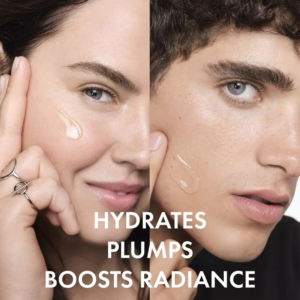 Two people with skincare product on their faces, text 'HYDRATES PLUMPS BOOSTS RADIANCE'.