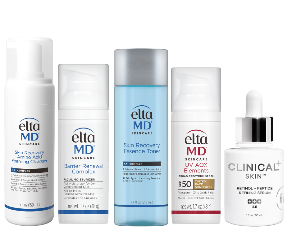 Anti-Ageing Skincare Bundle featuring five products with white, blue, silver and clear packaging, including cleanser, toner, moisturiser, SPF 50 and retinol serum