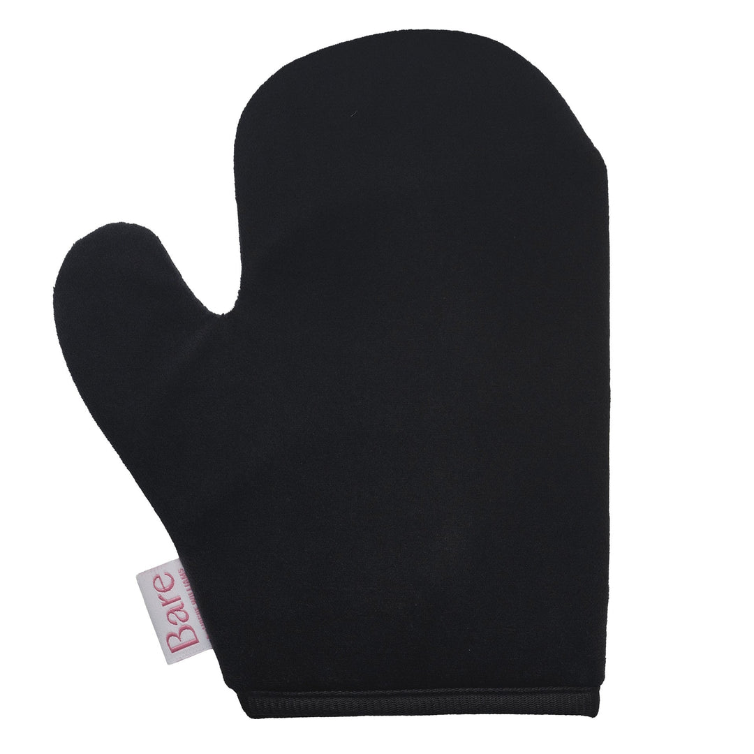 Bare by Vogue luxury tanning mitt in black velvet with thumb shape and branded side label