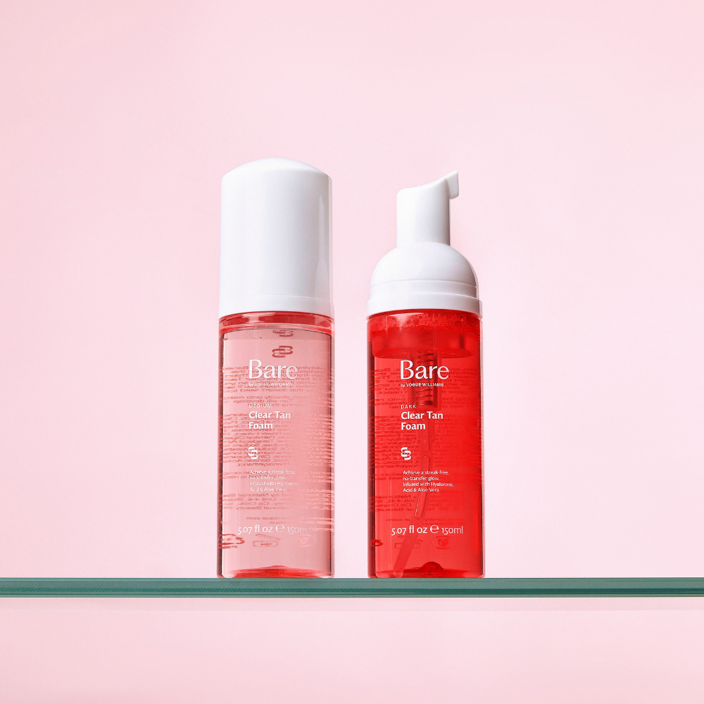 Bare by Vogue clear tan foam bottles in transparent and red packaging with white pump tops
