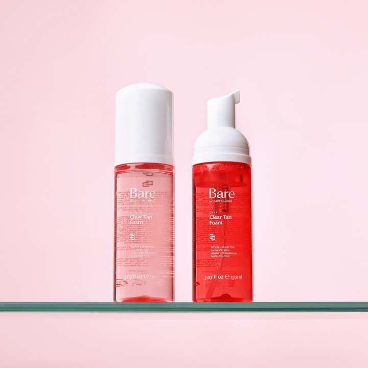 Bare by Vogue clear tan foam bottles in transparent and red packaging with white pump tops