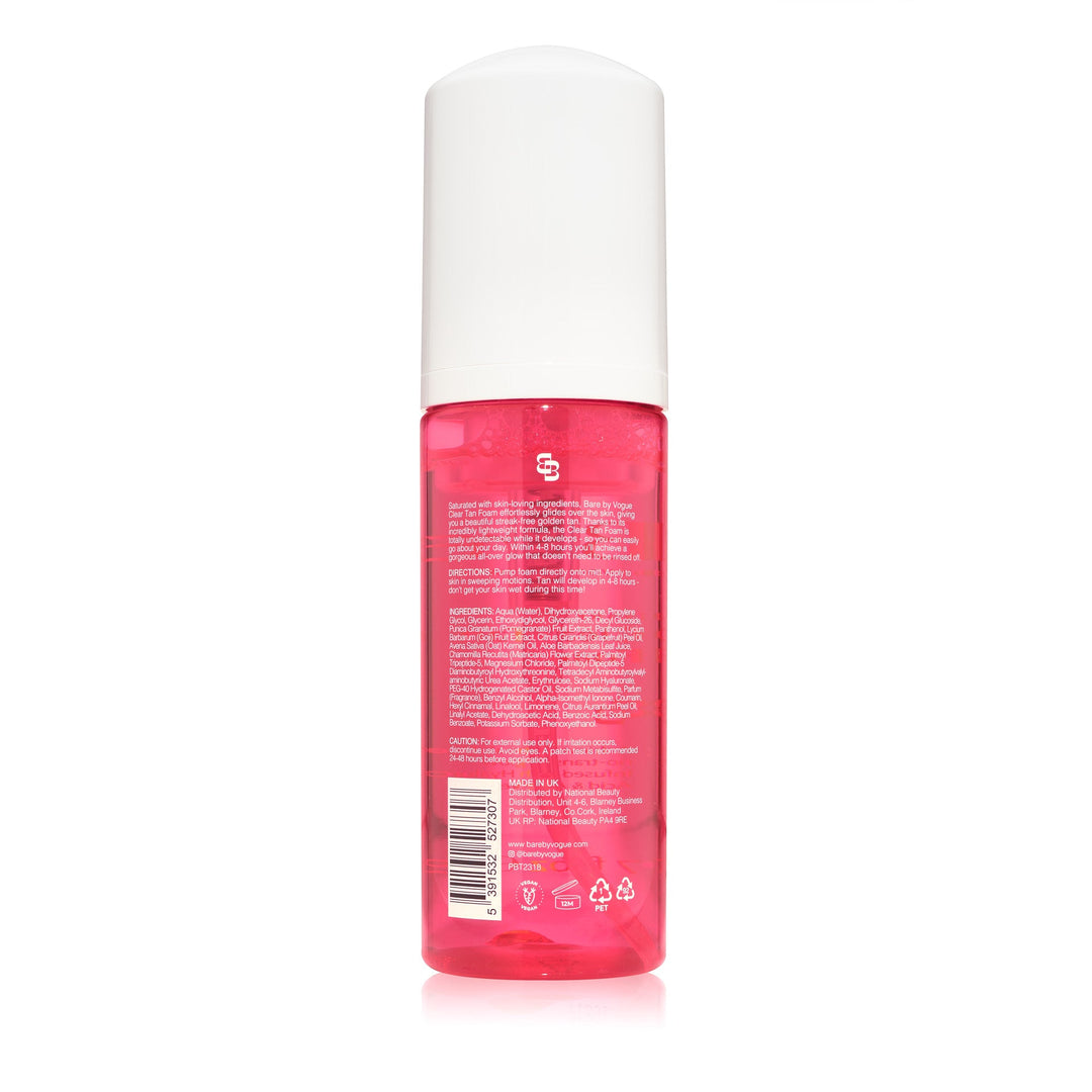 Bare by Vogue clear tan foam in a bright pink bottle with a white cap and printed label