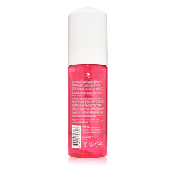 Bare by Vogue clear tan foam in a bright pink bottle with a white cap and printed label