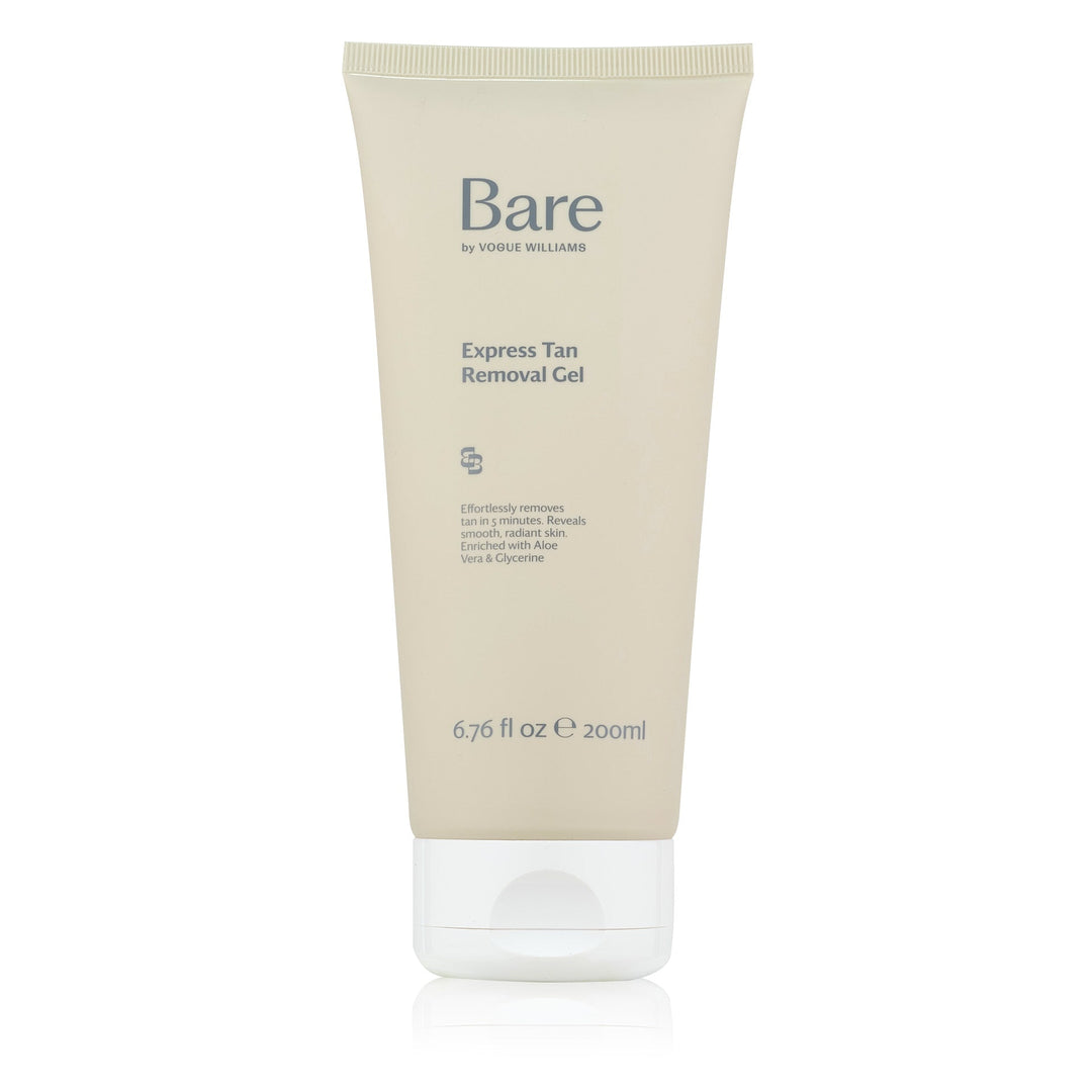 Bare by Vogue Express Tan Removal Gel in a beige tube with minimalist branding and white cap